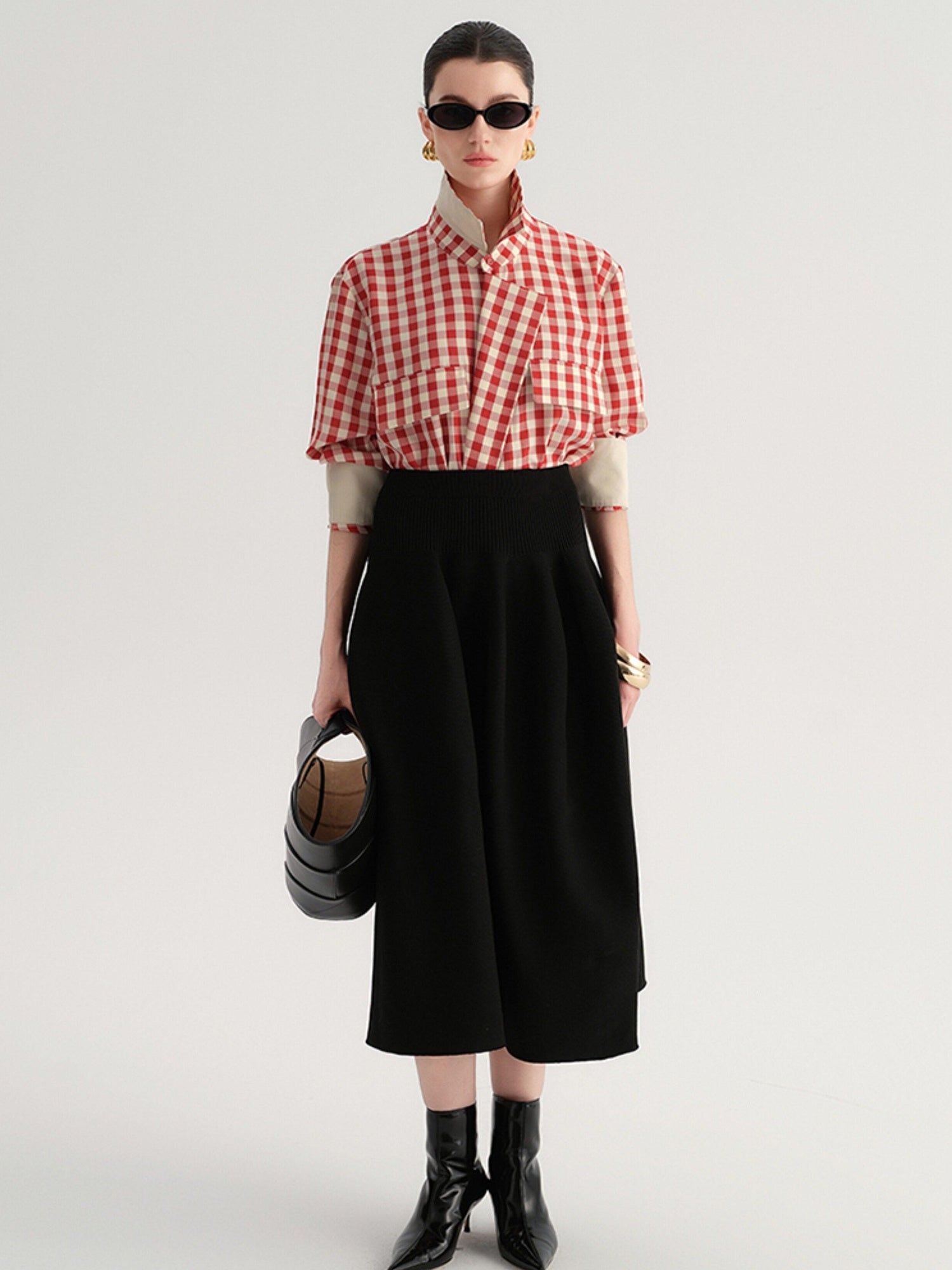 audreyyang Vintage Plaid Loose Fit Long Sleeve Collared Open Front Polyester Women Shirts