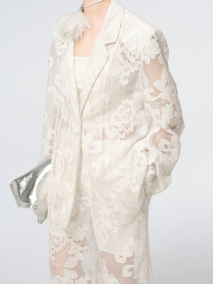 audreyyang Cotton Hollowout Loose Notched Lapel Workwear Women White Suit Top & Pants Sets