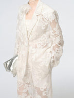 audreyyang Cotton Hollowout Loose Notched Lapel Workwear Women White Suit Top & Pants Sets