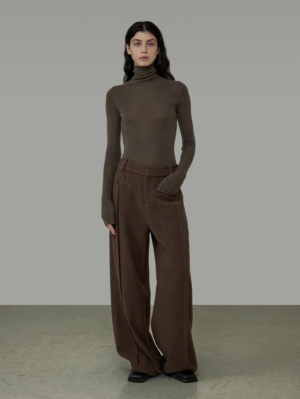 unspoken High Waist Pocketed Minimalist Office Brown Polyester Blend Wide Leg Pants