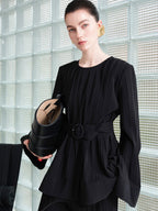 audreyyang Minimalist Office Loose Pleated Bell Sleeve Round Neck Black Blouses