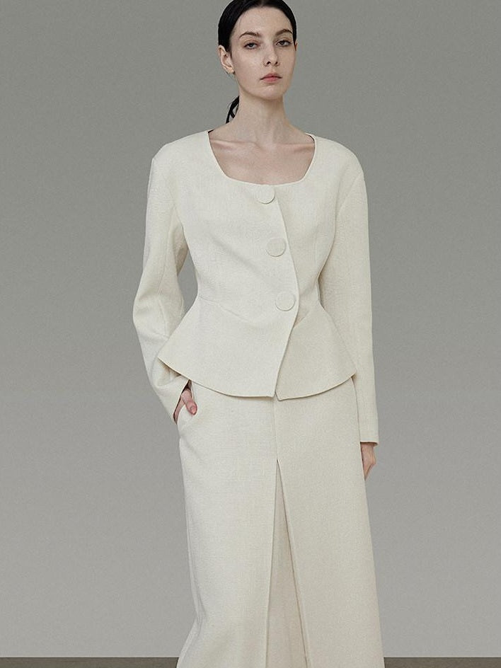 unspoken Slim Office Button Front Long Sleeve Cream Polyester Women Top & Skirt Sets