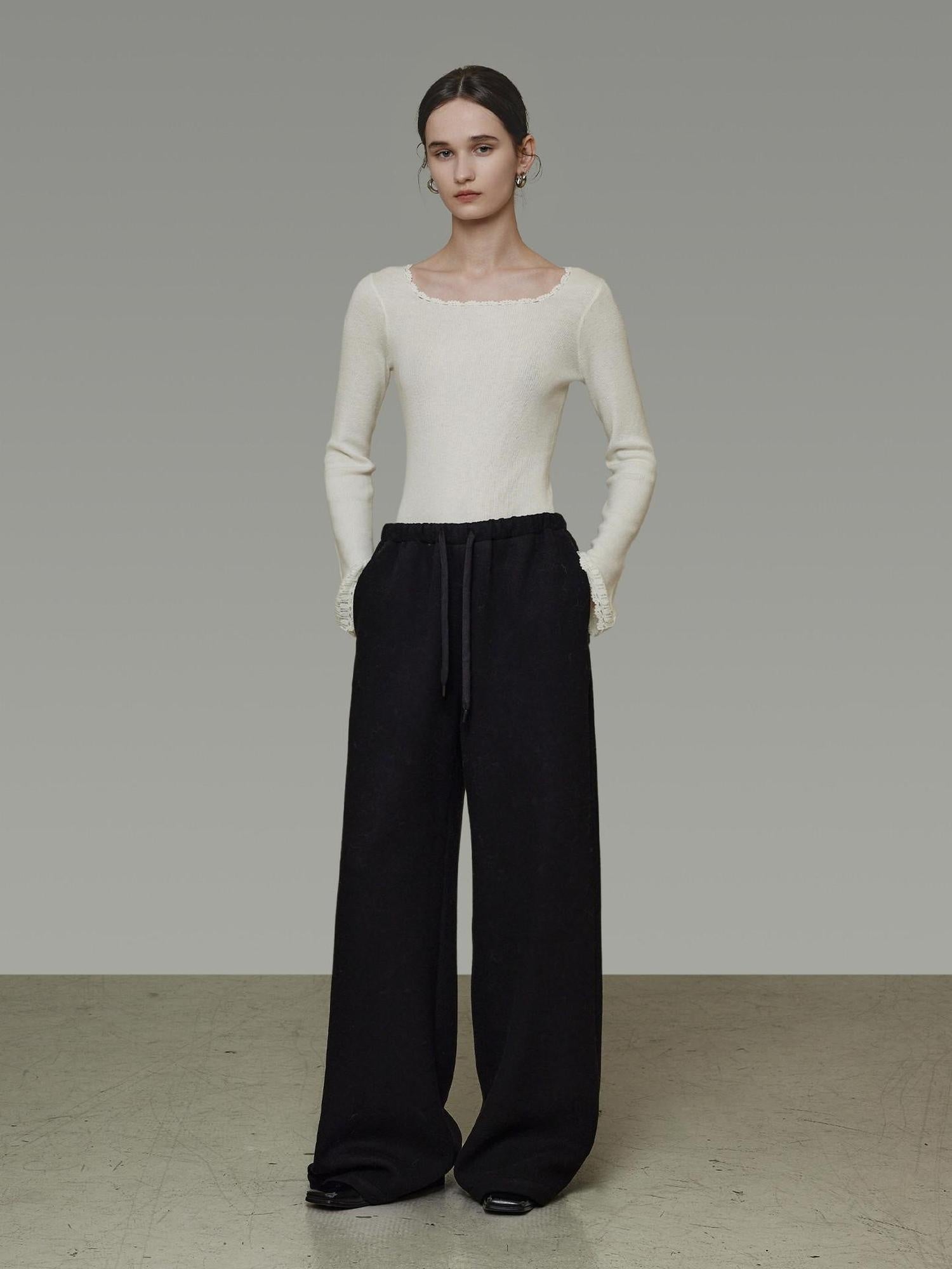 unspoken High Waist Tailored Tie Waist Minimal Workwear Breathable Straight Wide Leg Pants