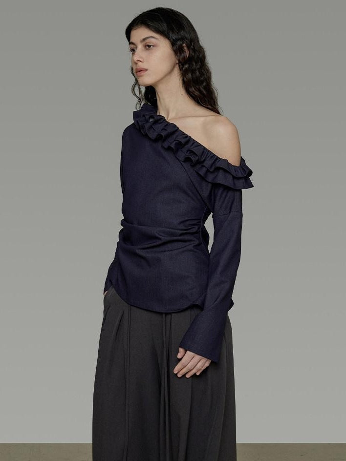 unspoken Warm Slanted Collar Loose Fit Long Sleeve Office Dark Blue Polyester Blouses