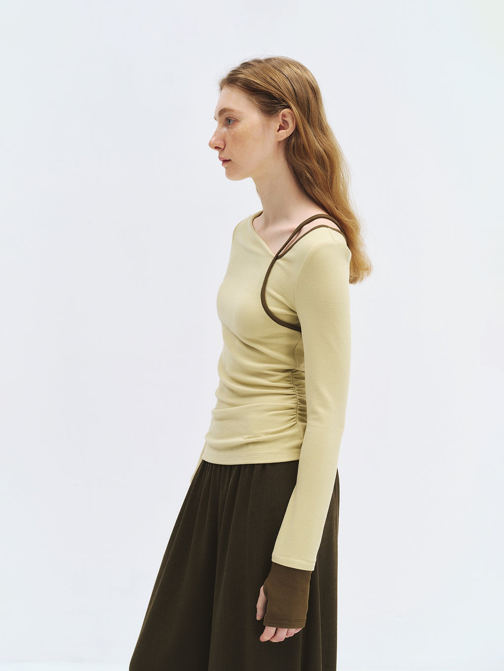 someonesometimes Stretch Casual Slim Asymmetric Neck Women Lemongrass Yellow Long Sleeve T-Shirts