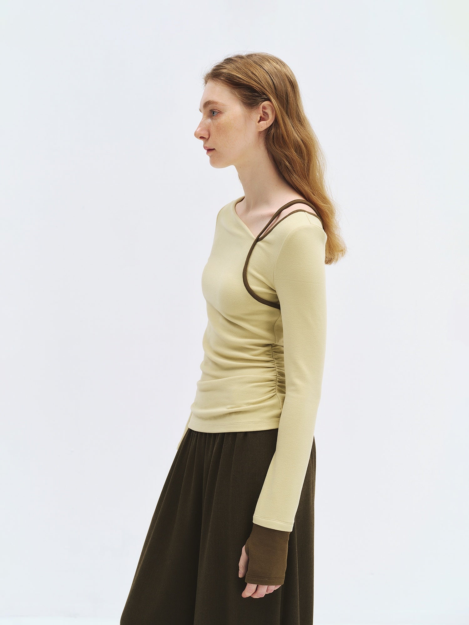 someonesometimes Stretch Casual Slim Asymmetric Neck Women Lemongrass Yellow Long Sleeve T-Shirts