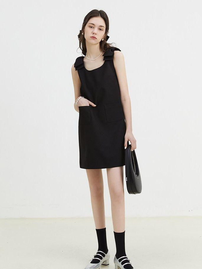 fano Minimal Bow High Waist A Line Sleeveless Round Neck Workwear Black Midi Dresses
