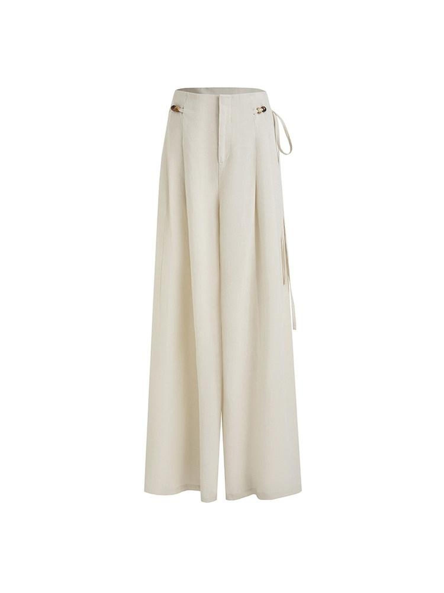 unspoken High Waisted Lyocell Linen Pleated Tie Waist Office Casual Wide Leg Pants