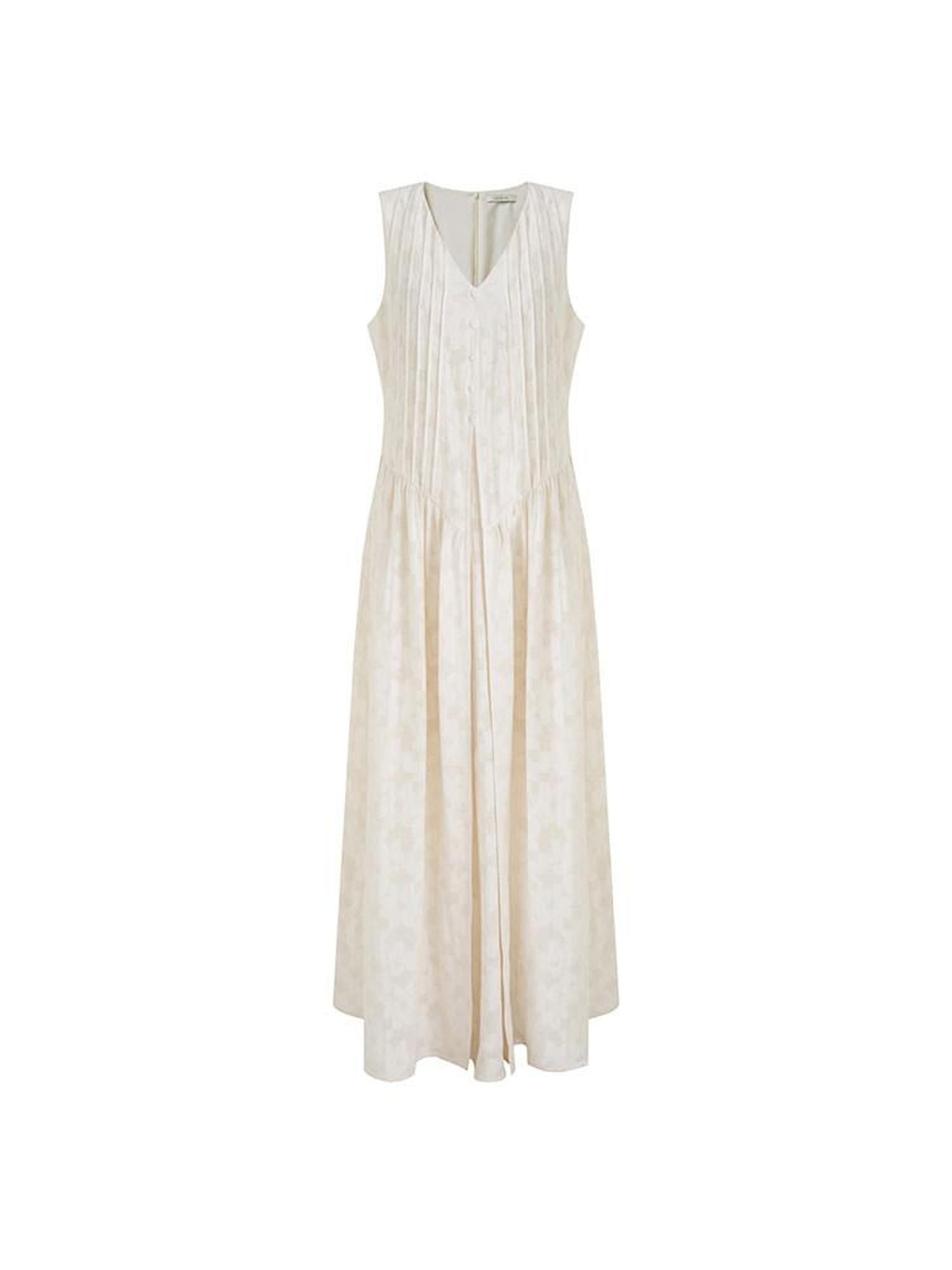 unspoken Elegant Jacquard V-neck High Waist A Line Sleeveless Work Off White Maxi Dresses