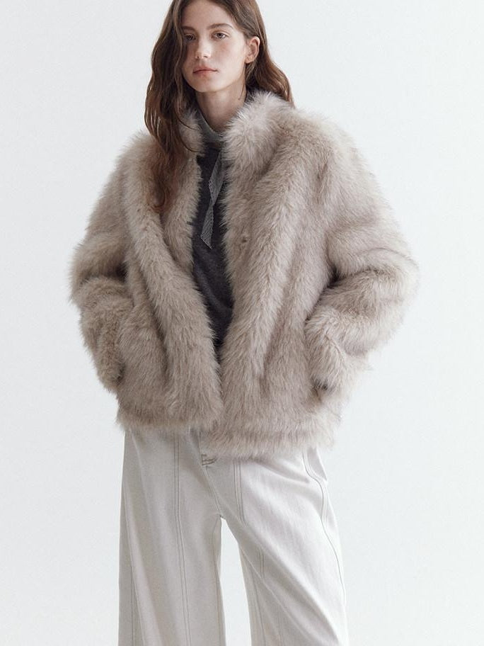 fano Warm Faux Fur Lined Oversized Stand Collar Casual Women Grey Apricot Short Coat