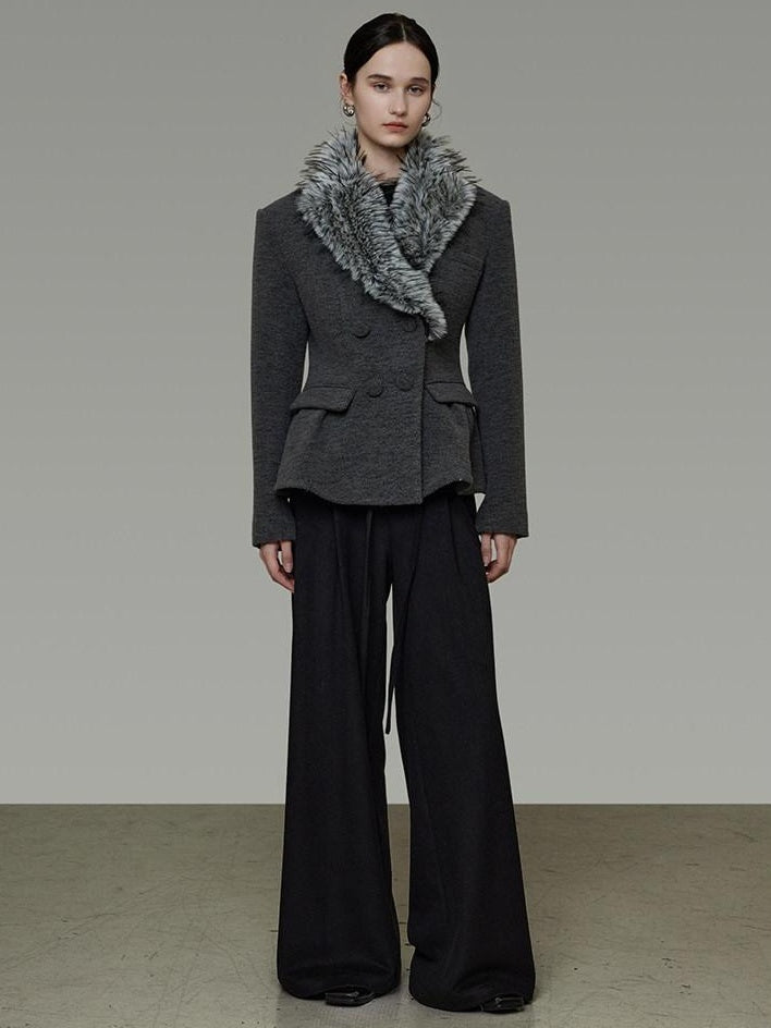 unspoken Wool Blend Double Breasted Slim Lapel Tailored Minimal Workwear Gray Short Coat