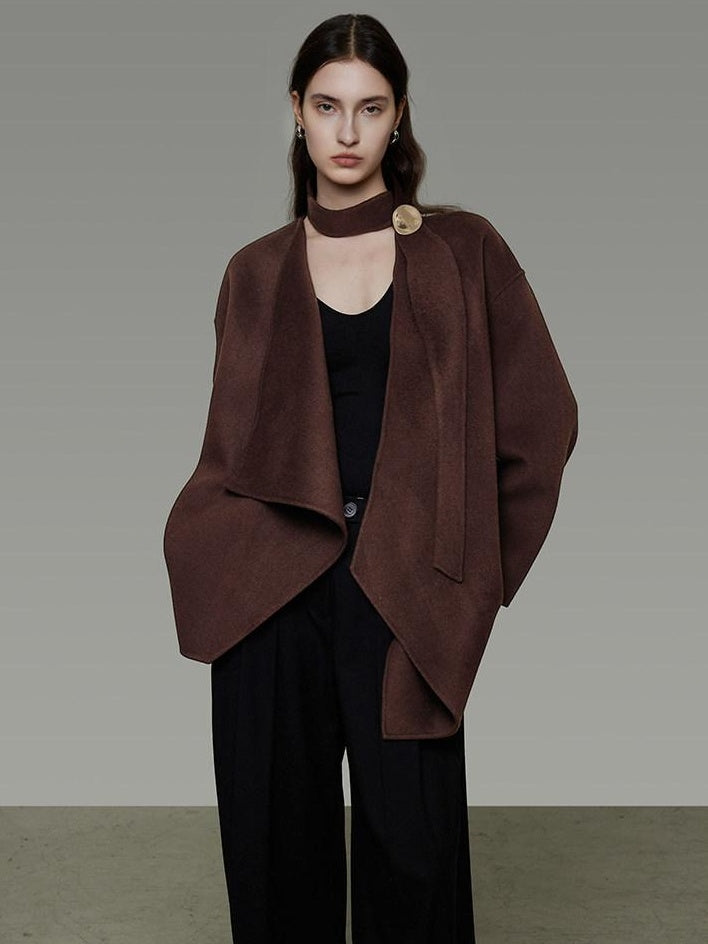 unspoken Pure Sheep Wool Lapel Collar Loose Fit 3D Cut Office Coffee Wool Coats