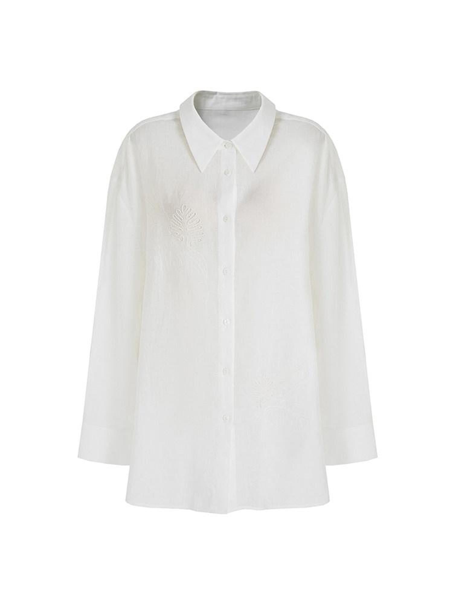 unspoken Breathable Embroidered Loose Polo Women Ramie Lyocell White Button Shirts