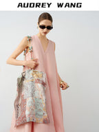 audreyyang Linen Blend V-neck Sleeveless A Line Casual Pink Maxi Dresses