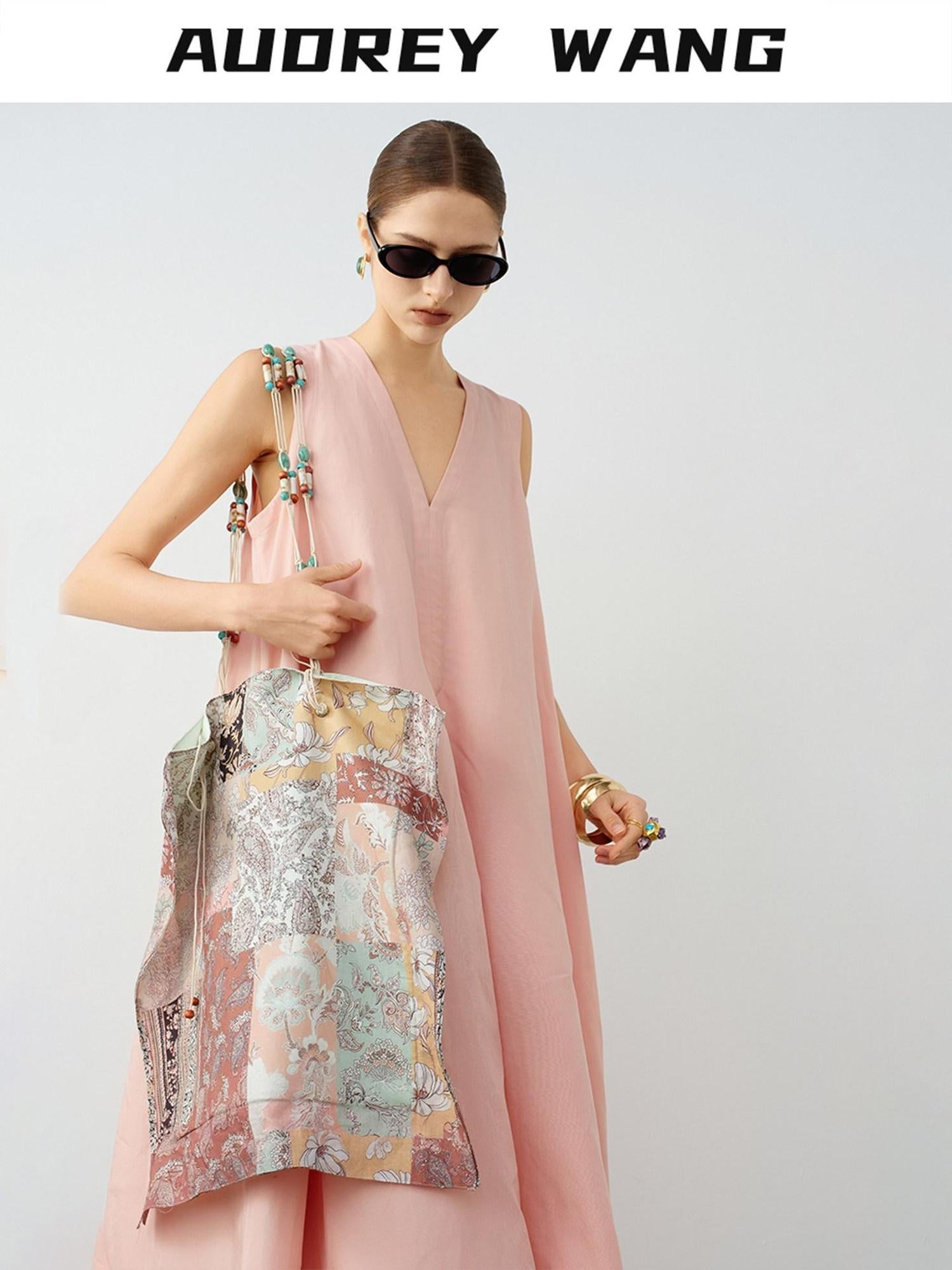 audreyyang Linen Blend V-neck Sleeveless A Line Casual Pink Maxi Dresses