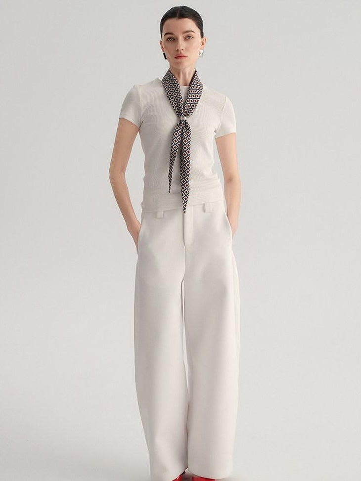 audreyyang Smart Office Natural Waist Zip Fly Polyester Blend Black White Straight Pants