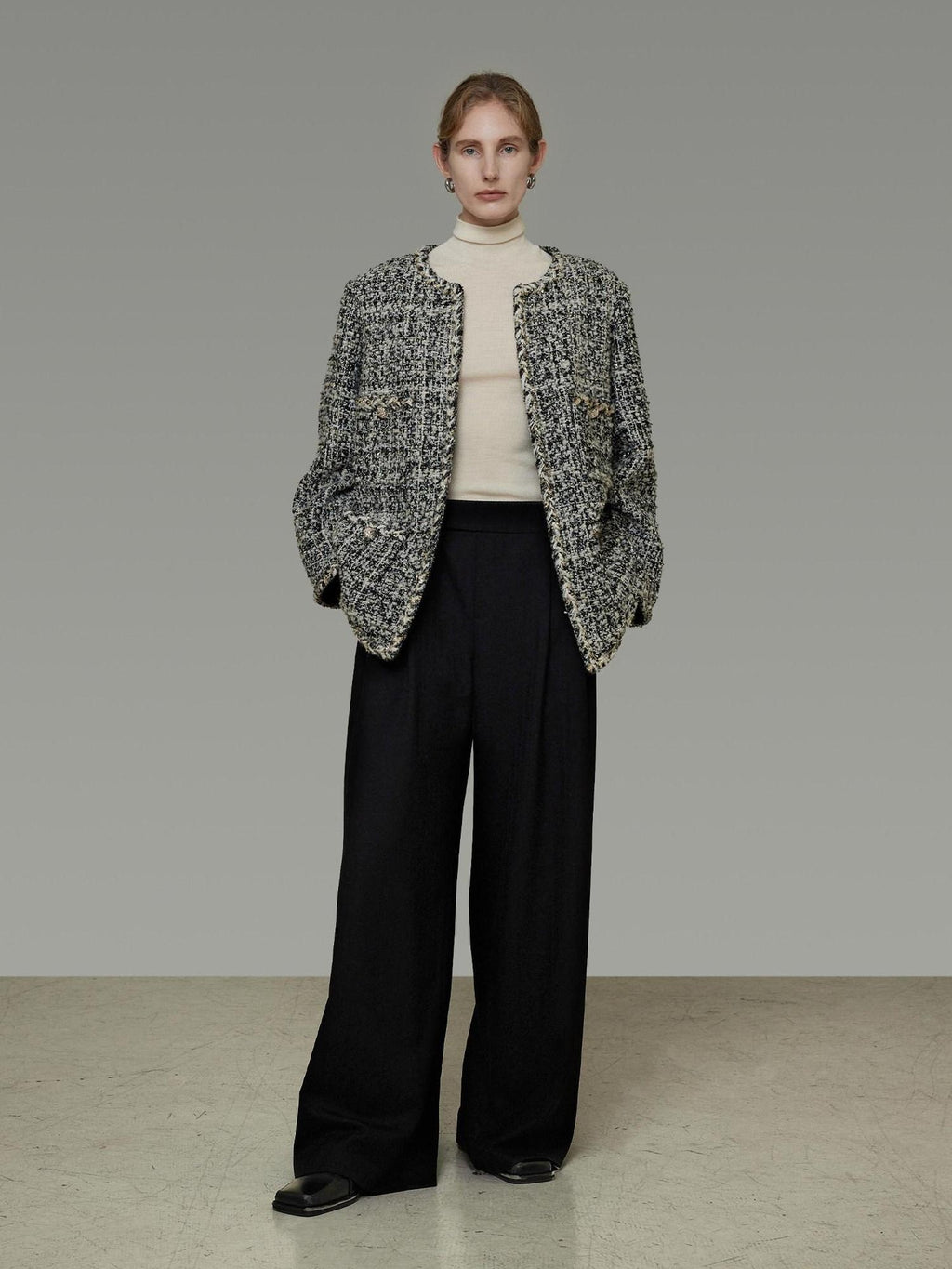 unspoken Warm Wool Blend Houndstooth Loose Fit Simple Commuter Black White Short Coat