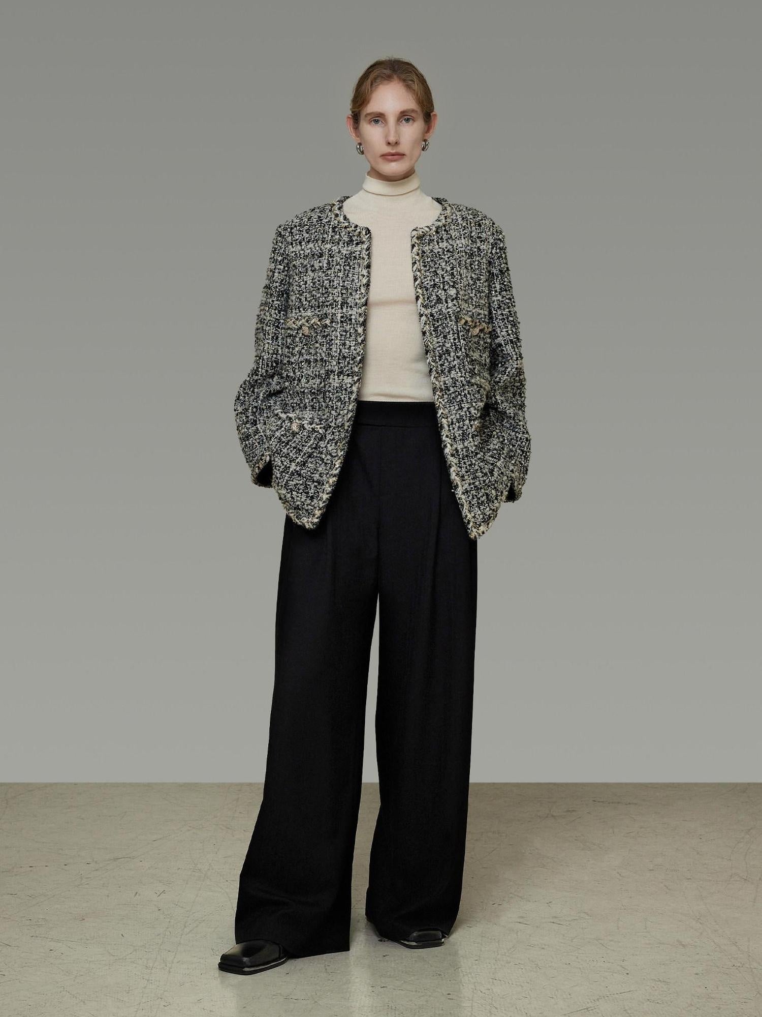 unspoken Warm Wool Blend Houndstooth Loose Fit Simple Commuter Black White Short Coat