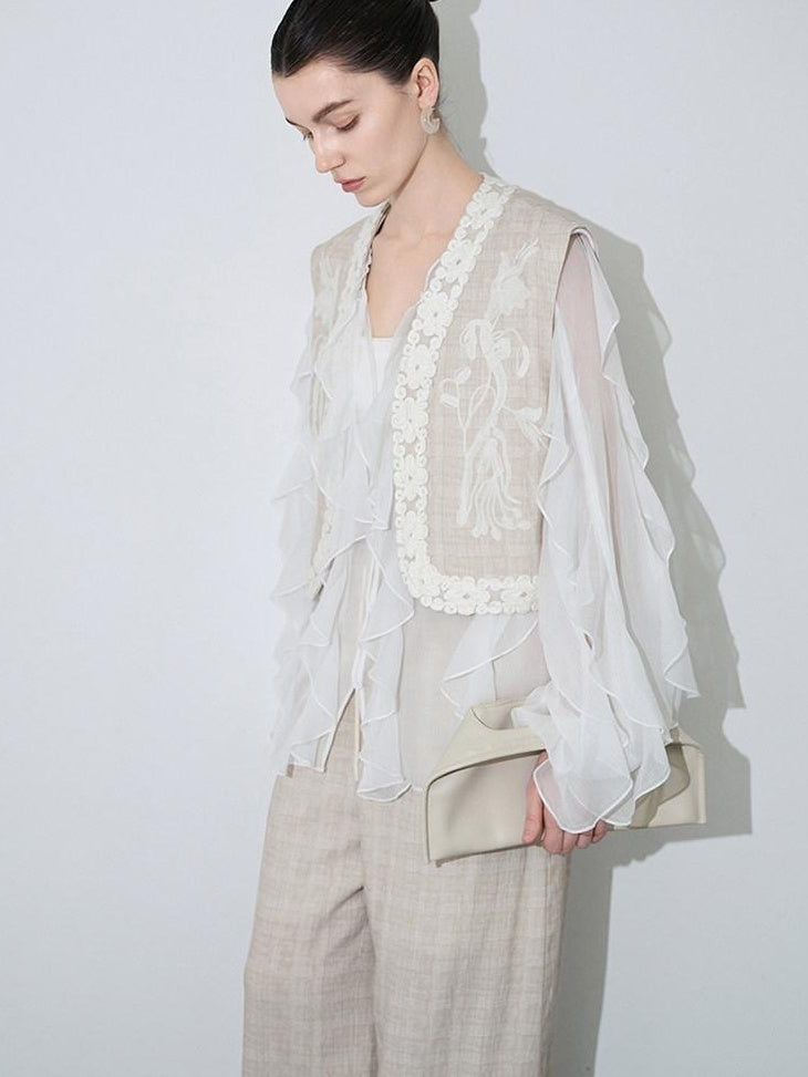 audreyyang Linen Blend V-neck Vest Trousers Solid Minimal Original Design Top & Pants Sets