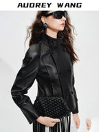 audreyyang Lambskin Vintage Loose Women Double Breasted Black Leather Jackets