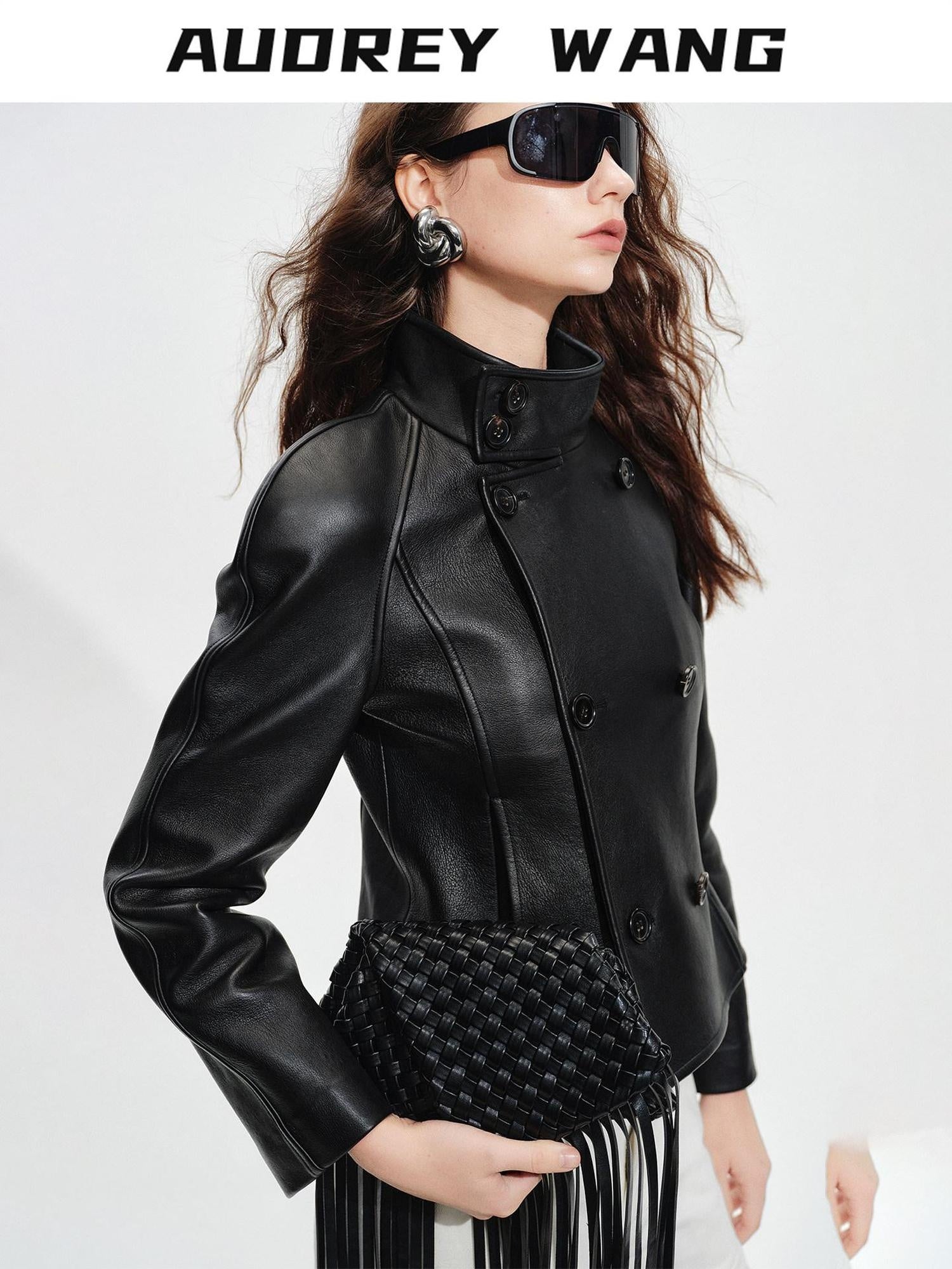 audreyyang Lambskin Vintage Loose Women Double Breasted Black Leather Jackets