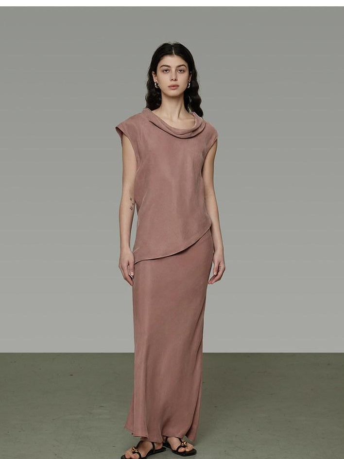 unspoken Smoky Pink Lined Minimal Commuter Mid Rise H Cut Solid Maxi Skirts