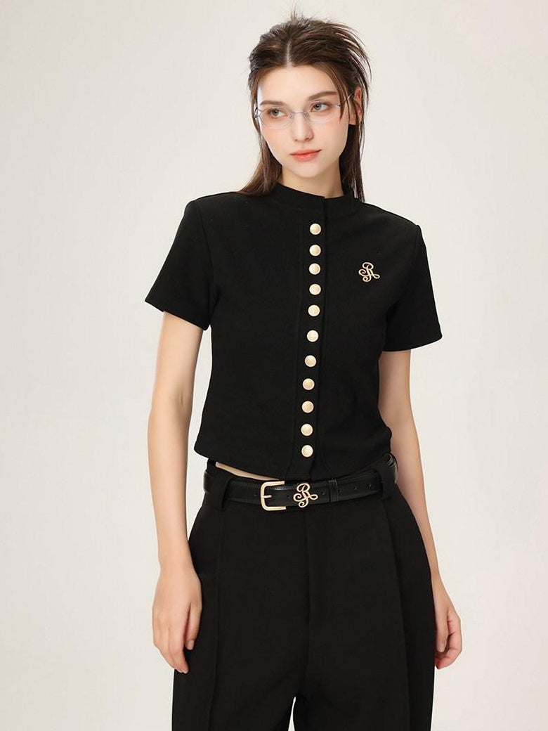 ikyou 3D Embellished Minimal Slim Short Sleeve Stand Collar Black Knit Women Cardigans