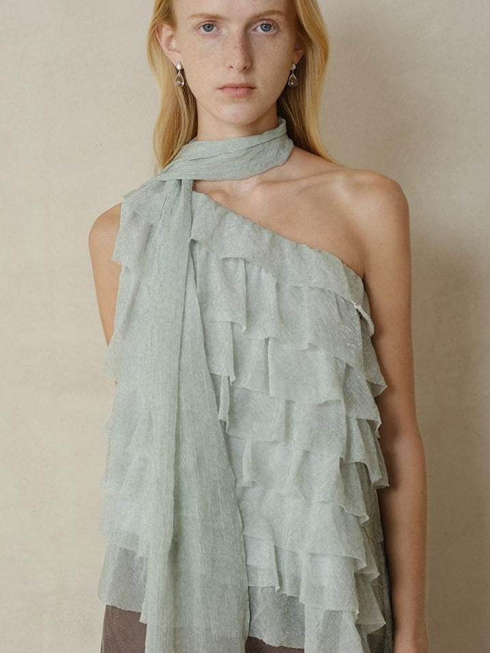 someonesometimes Sheer Mesh Wave Tie Lightweight Workwear Women Mint Green Off Shoulder Crop Tops