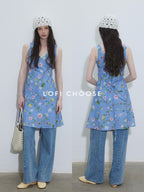 Lofi choose Printed Polyester Sleeveless V-neck A Line Casual Women Black Blue Midi Dresses