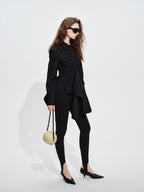 audreyyang Vintage Loose Square Neck Long Sleeve Midi Cardigan Black Polyester Blouses