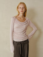 someonesometimes Lyocell Blend Slim Ruched Bell Sleeve Mauve Drape Neck Long Sleeve T-Shirts