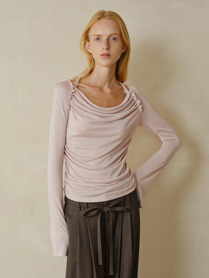 someonesometimes Lyocell Blend Slim Ruched Bell Sleeve Mauve Drape Neck Long Sleeve T-Shirts