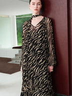 audreyyang Soft Viscose Ruffle Casual A Line Zebra V-neck Long Sleeve Maxi Dresses