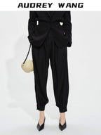audreyyang High Stretch Elastic Waist Tapered Casual Women Black Polyester Sweatpants