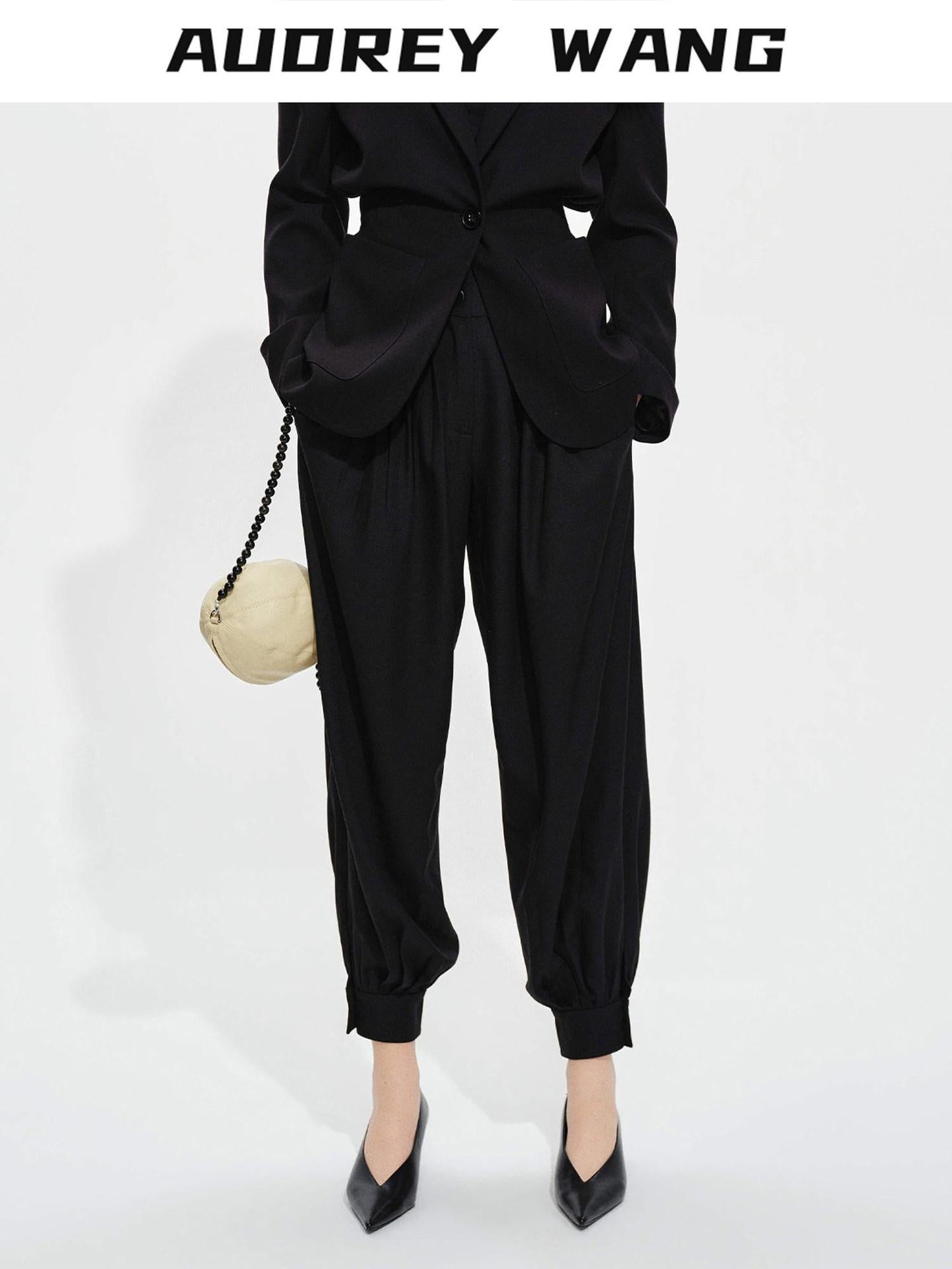 audreyyang High Stretch Elastic Waist Tapered Casual Women Black Polyester Sweatpants