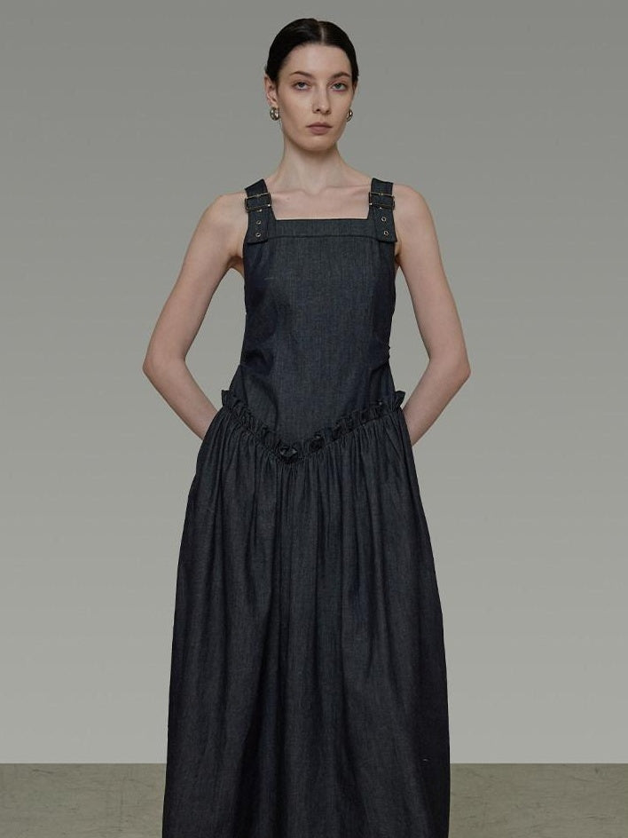 unspoken Minimalist Pleated Cinched Waist Cotton A Line Strap Dress Women Maxi Dresses