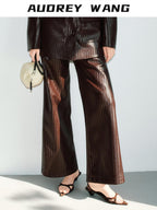 audreyyang Pu Faux Leather Casual Natural Waist Zip Fly Women Straight Pants