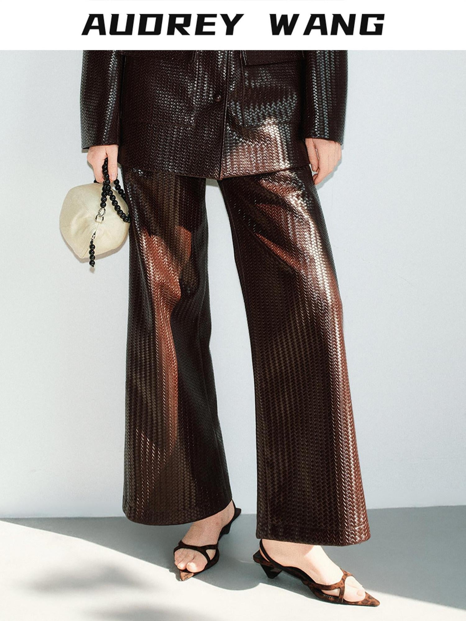 audreyyang Pu Faux Leather Casual Natural Waist Zip Fly Women Straight Pants