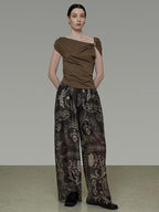 unspoken Eco Hemp Cotton 3D Detail Slim Fit Asymmetric Neck Brown Off Shoulder Crop Tops