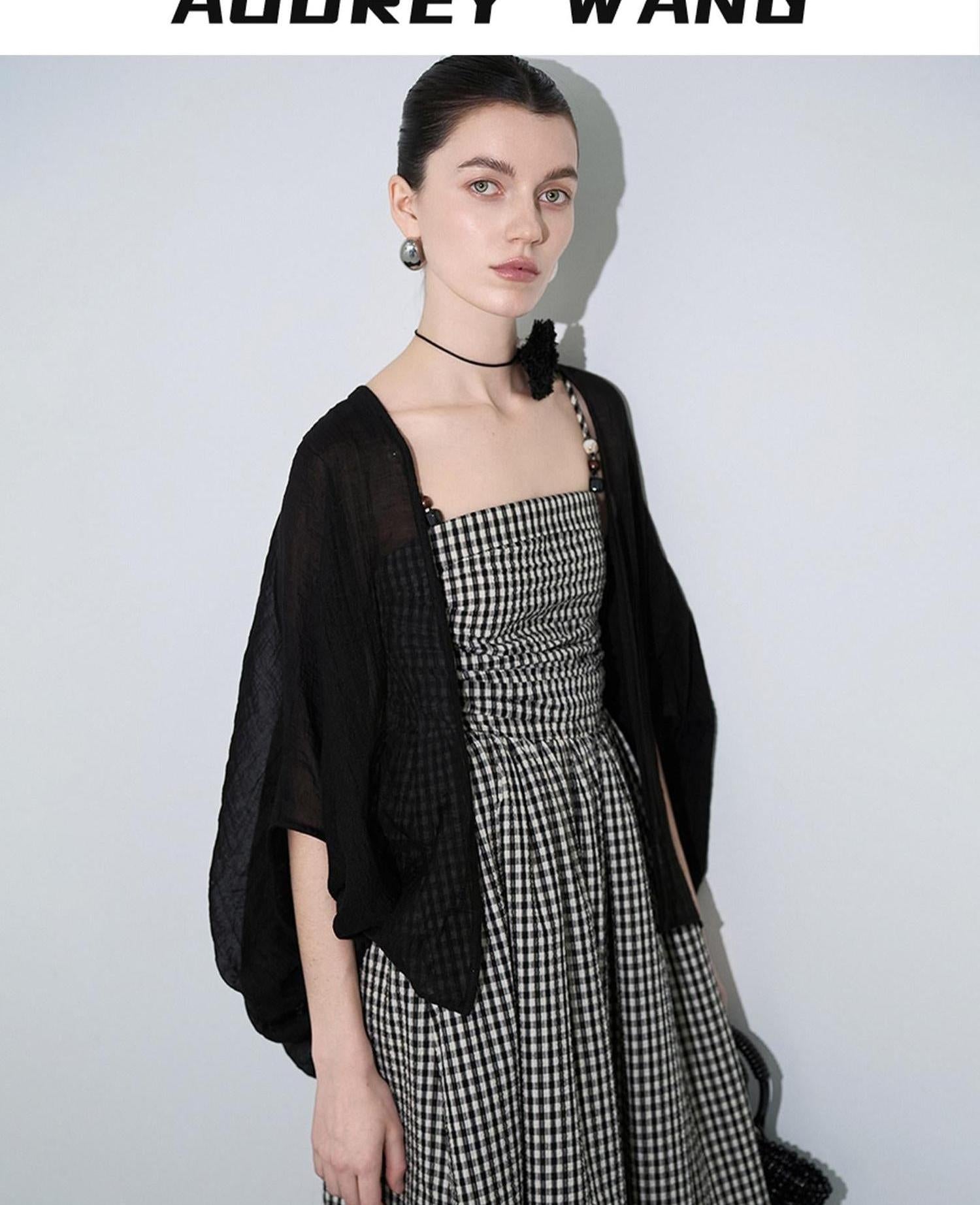 audreyyang Light Hemp Knit Relaxed Batwing V-neck Women Black Open Front Cardigans