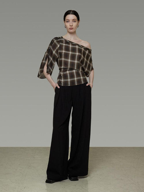 unspoken Breathable Viscose Slim Asymmetric Slant Neck Green Plaid Off Shoulder Crop Tops