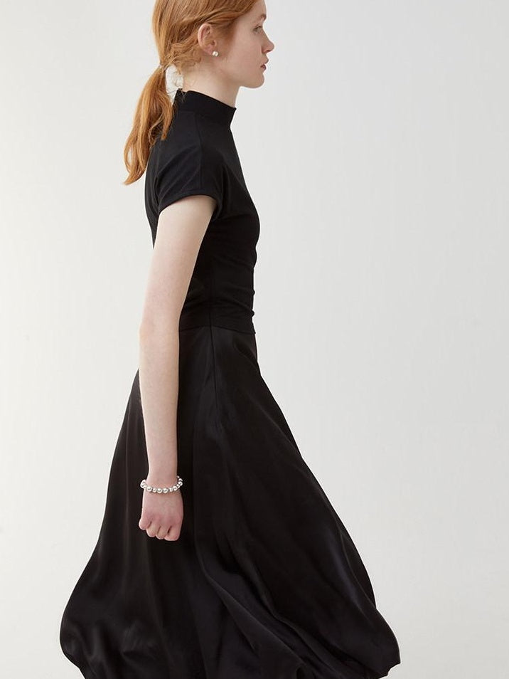 fano High Waist Minimalist Office A Line Short Sleeve Mock Neck Black Midi Dresses