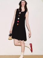 fano Viscose Linen Sleeveless Natural Waist Bubble A Line Casual Black Midi Dresses