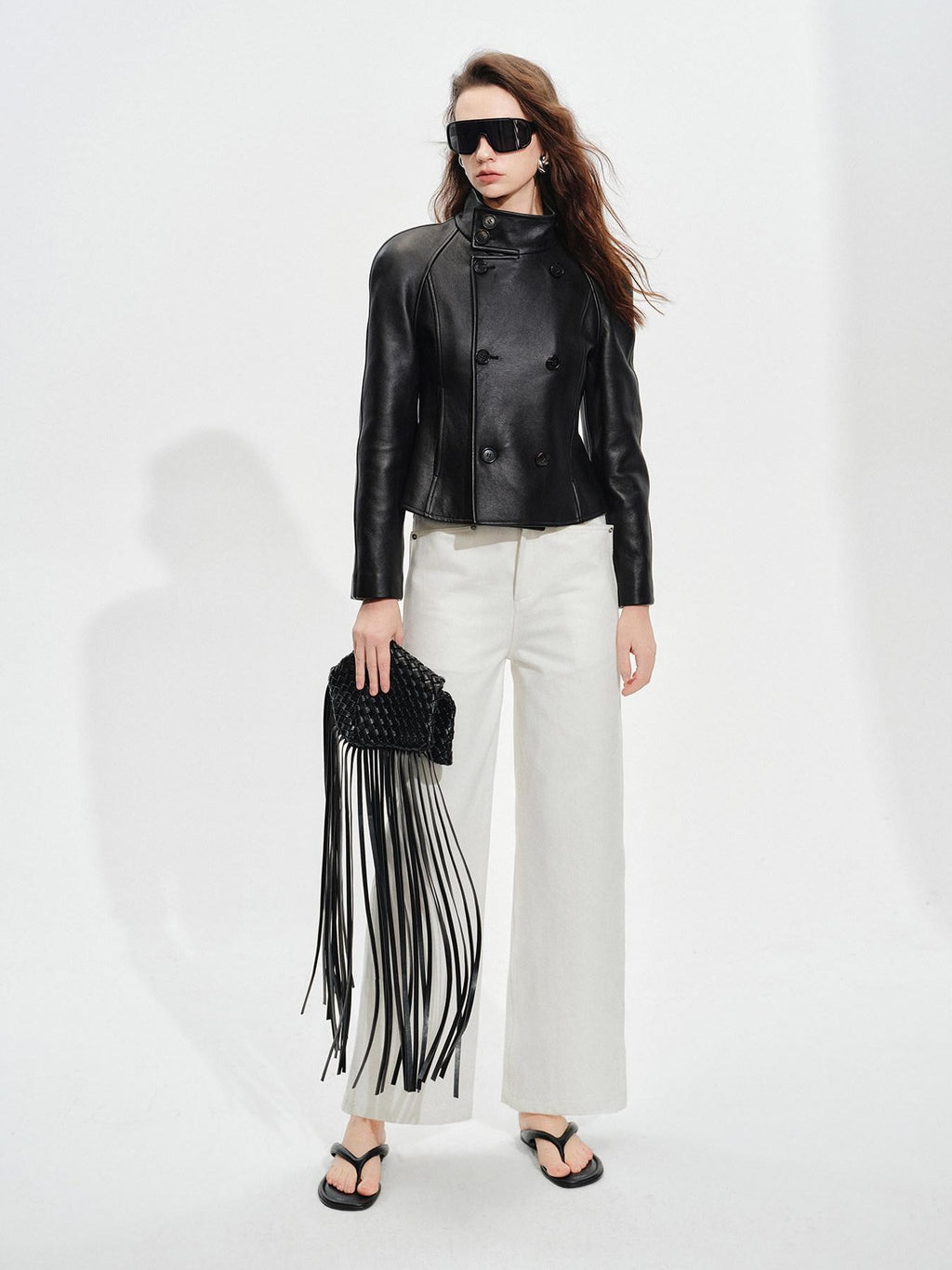 audreyyang Breathable Cotton High Waist Tailored Pockets Button Fly White Straight Pants