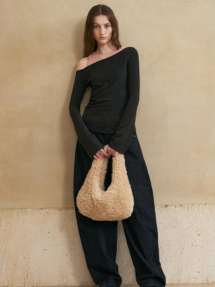 someonesometimes Colorblock Charcoal Pink Asymmetrical Knit Loose Viscose Off Shoulder Crop Tops