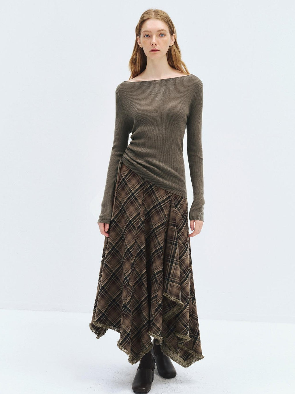 someonesometimes Soft Acrylic Wool Nylon Blend Slim Fit Printed Boat Neck Women Mud Green Sweater