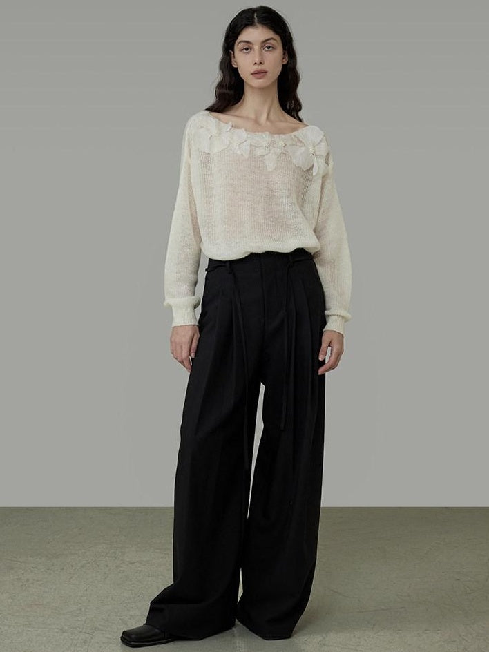 unspoken Soft Knit 3D Embellishment Loose Round Neck Long Sleeve Women White Blouses