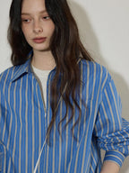 Lofi choose Cotton Blend Colorblock Loose Fit Striped Lapel Zip Women Work Shirts