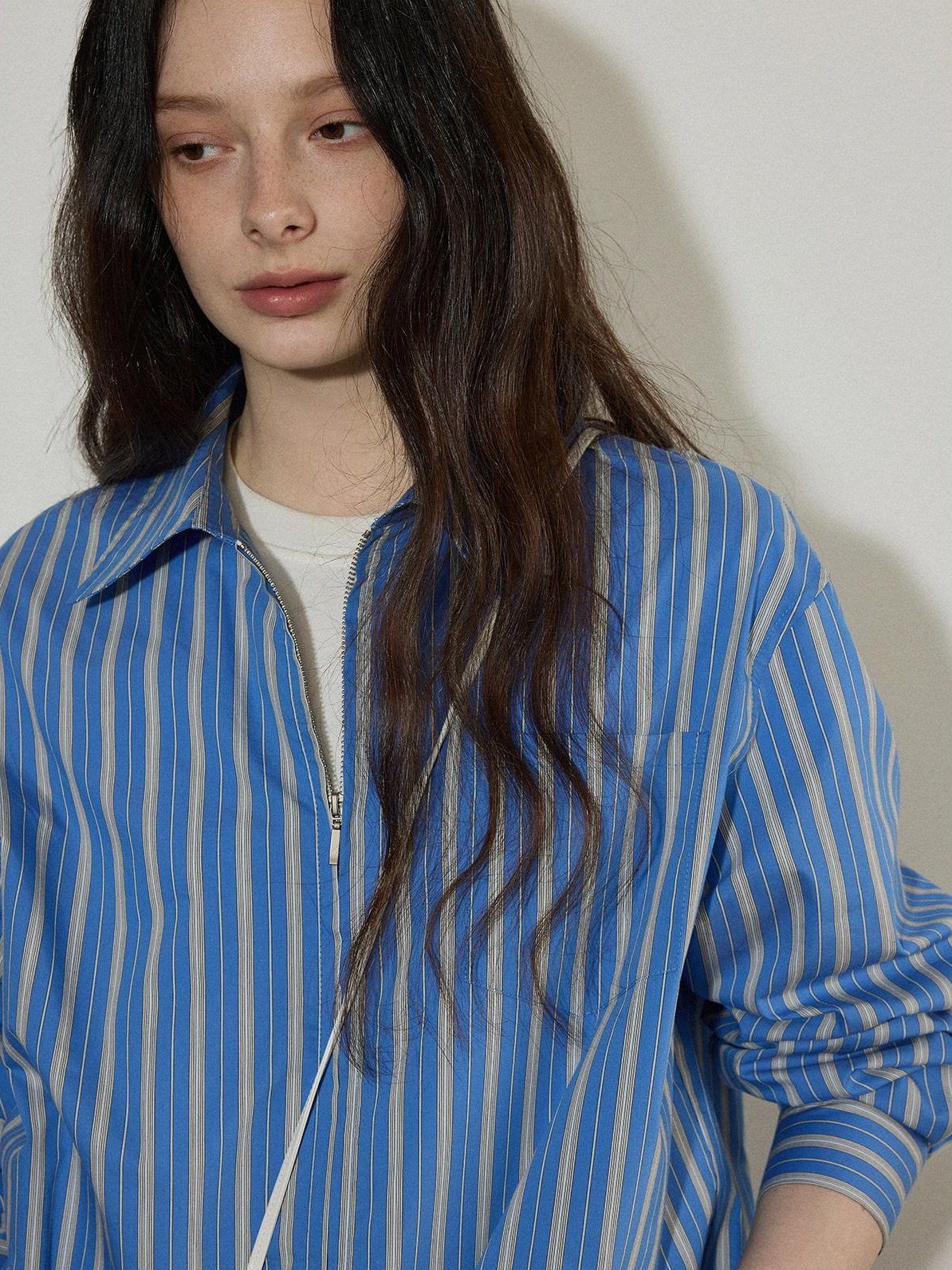 Lofi choose Cotton Blend Colorblock Loose Fit Striped Lapel Zip Women Work Shirts