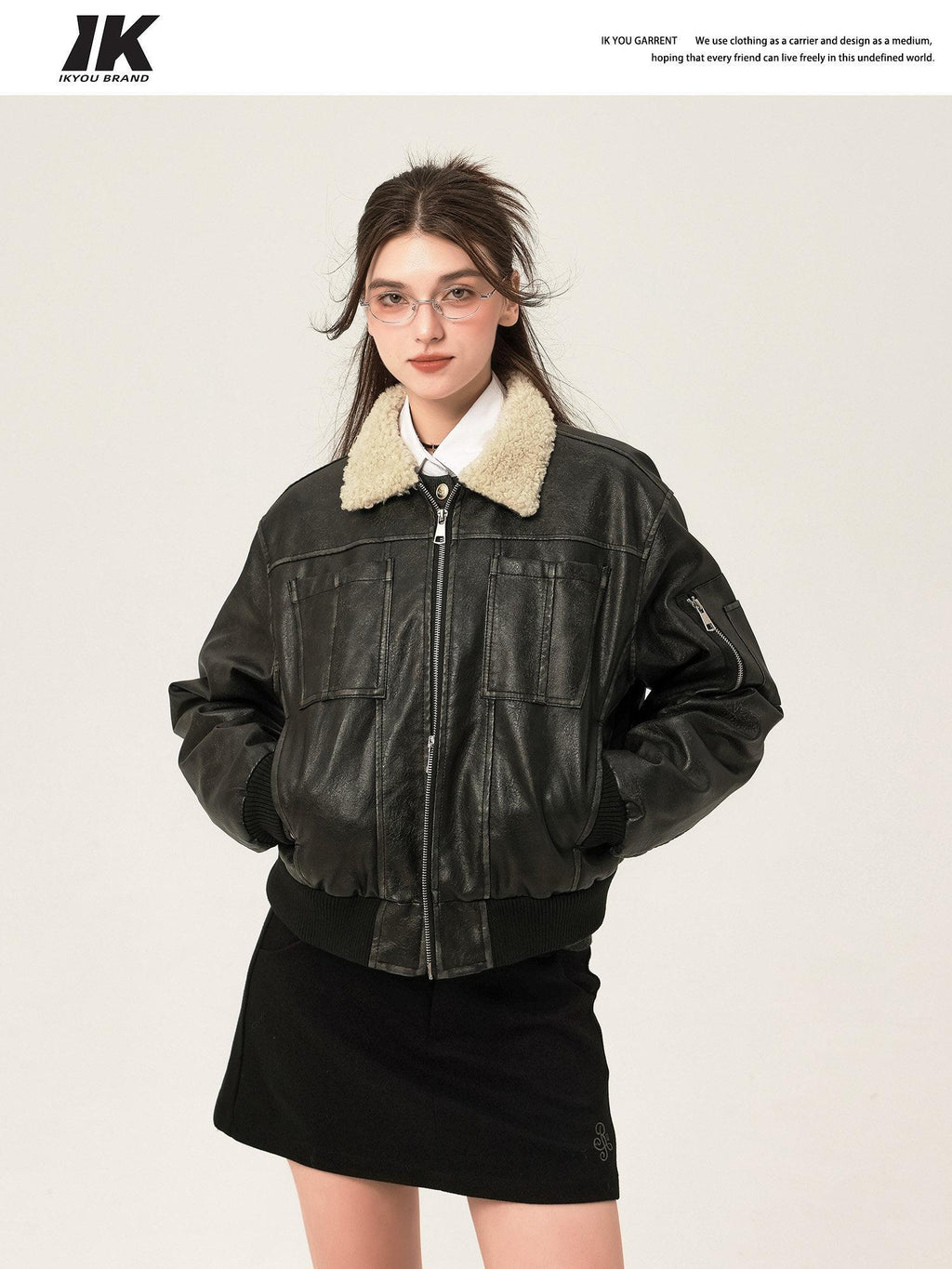 ikyou Thick Distressed Pu Patchwork Straight Zip Pockets Minimalist Leather Jackets